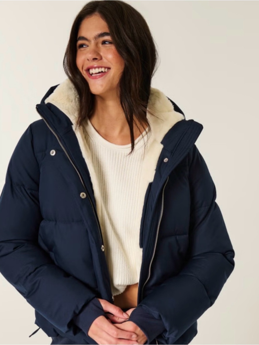 Hollister Navy Puffer Jacket with Cream Sherpa Hood Lining
